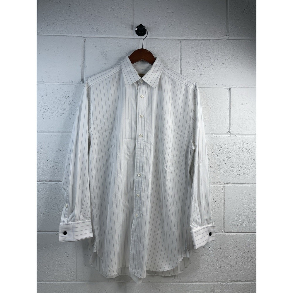 PAUL STUART Button Up Long Sleeve Shirt Blue Striped MADE IN CANADA  16-33 EUC